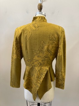 Womens, Shirt, SANS SOUCI, Yellow, Black, Rayon, 2 Color Weave, Floral, W:29, B:35, Band Collar,  B.F., L/S, Shoulder Pads, Cutaway Front Hem, Peplum In Back with Tails