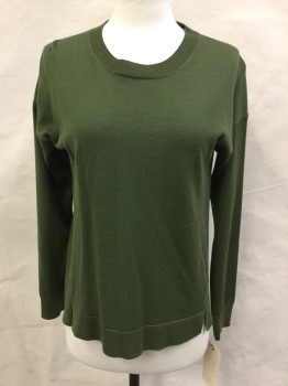 Womens, Pullover, J CREW, Moss Green, Wool, Cotton, Solid, XS, Crew Neck, Long Sleeves,