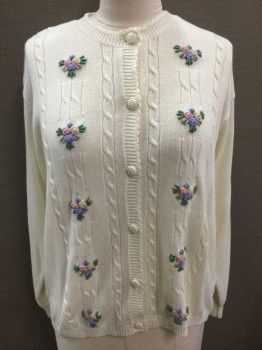 Womens, Sweater, CANDA, Cream, Lt Pink, Lavender Purple, Green, Lt Yellow, Acrylic, Cable Knit, Floral, 20, Knit Cream Solid W/Pastel 3D Rosettes + Leaf Clusters, 6 Self Knit Covered Buttons, Scalloped Edges At Round Neck And Button Placket,