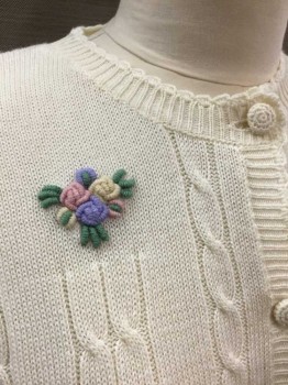CANDA, Cream, Lt Pink, Lavender Purple, Green, Lt Yellow, Acrylic, Cable Knit, Floral, Knit Cream Solid W/Pastel 3D Rosettes + Leaf Clusters, 6 Self Knit Covered Buttons, Scalloped Edges At Round Neck And Button Placket,