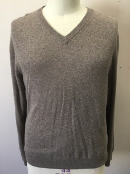 Mens, Pullover Sweater, BLOOMINGDALE'S, Lt Brown, Cashmere, Heathered, XL, V-N, L/S,  Ribbed Knit Collar/Cuff/Waistband