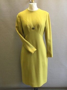 N/L, Mustard Yellow, Wool, Solid, Citrene Mustard Color Dress. Fitted with Novelty Cut at Bust Line with Brown Button at Center Front, Long Sleeves, Zipper Center Back, Slits at Cuffs