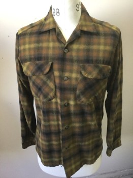 PENDLETON, Brown, Olive Green, Black, Tan Brown, Wool, Check , Long Sleeve Button Front, Collar Attached, 2 Flap Pockets,
