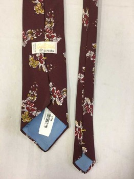 Mens, Tie, SUPERBA, Red Burgundy, Mustard Yellow, Off White, Red, Polyester, Novelty Pattern, O/S, Butterfly and Fairy Print