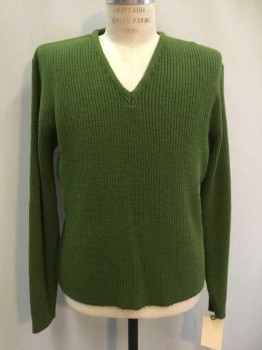 Mens, Sweater, KRAFT, Moss Green, Acrylic, Solid, Medium, Long Sleeves, V-neck, Ribbed