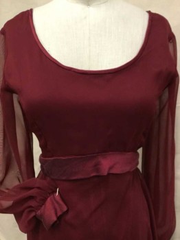 N/L, Wine Red, Synthetic, Solid, L/S, Round Neck, 2" Waist Band, Satin Trim, Flared Bias Cut Skirt, Zip Back