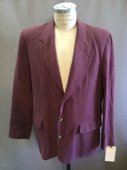 Mens, Blazer/Sport Co, BANANA REPUBLIC, Plum Purple, Linen, Solid, 42, Single Breasted, Collar Attached, Notched Lapel, 3 Buttons