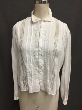 M.T.O., White, Linen, Solid, Hidden Snap Front, Collar Attached, Long Sleeves, Inverted Pleats From Shoulders To Hem, Cream Button Detail, Faggotting Front and Cuff, Gathered Waist Back,