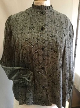 MTO, Gray, Black, Ecru, Cotton, Polyester, Paisley/Swirls, Dots, Long Sleeves, Button Front, Ruffled Stand Collar, Pleats at Shoulders and Center Back, Black Covered Buttons, Puffy Sleeves, Made To Order