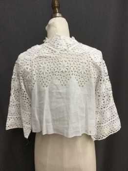 NO LABEL, White, Cotton, Eyelet Floral Lace Detail, Clasp Front Closure, Batwing Sleeves, Half Length Sleeves, Slightly Misshapen, Stain On Back Hem, Fair Condition,