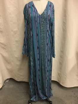 Womens, Dress, Long & 3/4 Sleeve, TYSA, Navy Blue, Teal Blue, Turquoise Blue, White, Brown, Rayon, Novelty Pattern, S, Multi Color Novelty Print, V-neck, Long Sleeves, Side Slits