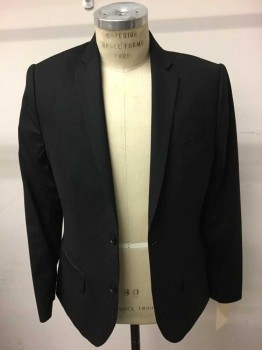 Keneth Cole , Black, Wool, Spandex, Solid, 2 Button Front, N Lapel