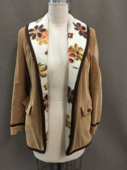Womens, Jacket, N/L, Tan Brown, Cream, Brown, Mustard Yellow, Orange, Solid, Floral, **REVERSIBLE** One Side Is Tan Corduroy W/Brown Cord Trim, Other Side Is Cream W/Brown/Orange/Mustard Groovy Flowers, Both Sides Have Large Shawl Collar W/Contrasting Pattern, 2 Pockets At Hips, Button Holes (But No Buttons), **Bar Code Is Inside Pocket On Fleece Side