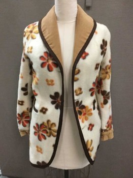 Womens, Jacket, N/L, Tan Brown, Cream, Brown, Mustard Yellow, Orange, Solid, Floral, **REVERSIBLE** One Side Is Tan Corduroy W/Brown Cord Trim, Other Side Is Cream W/Brown/Orange/Mustard Groovy Flowers, Both Sides Have Large Shawl Collar W/Contrasting Pattern, 2 Pockets At Hips, Button Holes (But No Buttons), **Bar Code Is Inside Pocket On Fleece Side