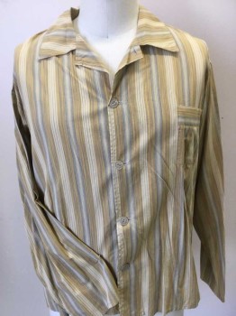 Mens, 1930s Vintage, Pajama Top, P1, MTO, Mustard Yellow, Black, Gray, Yellow, Cotton, Stripes - Vertical , C:54, XXL, Notched Lapel, 4 Button Front, 1 Pocket, Long Sleeves, with Matching Pants, Multiples, See FC015823