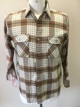 Mens, Casual Shirt, ARROW SPORTSWEAR, Beige, Tan Brown, Gray, Black, Blue, Acrylic, Plaid, Medium, Button Front, 2 Pockets with Flaps, Long Sleeves, Collar Attached, Right Sleeve Fabric is a Warmer Brown This is From the Weave Not Sun Fading.