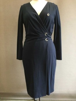 Womens, Dress, Long & 3/4 Sleeve, ESCADA, Navy Blue, Viscose, Polyester, Solid, US10, B 40, Wrap Style Dress, Hem Below Knee, CB Zipper, 2 Gold Grommets at Waist with Straps Attaching to Side Waist, Pleated From Grommets