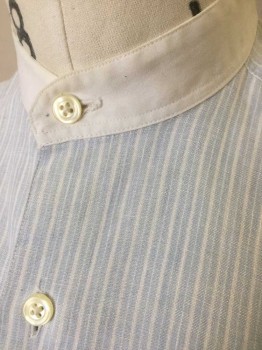 Mens, Dress Shirt, PRES DU CORPS , Lt Blue, White, Cotton, Stripes - Vertical , Slv 32, N 14, Light Blue with White Pinstripes of Varying Widths, Long Sleeve Button Front, Solid White Band Collar and French Cuffs, Reproduction, Multiple