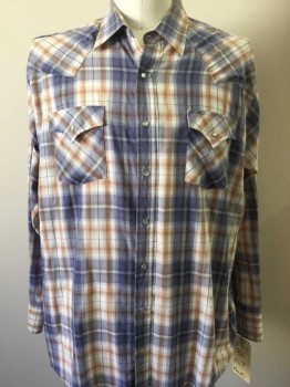 PLAINS, Blue, White, Brown, Black, Polyester, Cotton, Plaid, Snap Front, Collar Attached, Long Sleeves, 2 Pockets,