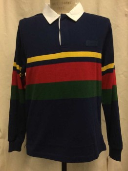 STUSSY, Navy Blue, Yellow, Red, Green, Cotton, Solid, Stripes, Navy, Yellow/ Red/ Green Stripe, Long Sleeves, White Collar Attached,