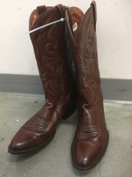 Mens, Cowboy Boots , DAN POST, Brown, Tan Brown, Black, Leather, Abstract , 11, Brown Leather with Tan, Brown and Black Embroidery, 1.5" Heel