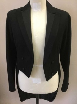 Mens, Tailcoat 1890s-1910s, TONY BONNICI, Black, Wool, Silk, Solid, 40, Double Breasted, Peaked Lapel, Faille Panel On Lapel, Faille Self Covered Buttons
