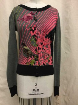 Womens, Sweater, KNITTED DOVE, Gray, Hot Pink, Purple, Green, Black, Wool, Acrylic, Novelty Pattern, XS, Gray, Hot Pink/ Purple/ Green/ Black Stripe/floral/bird Print, Button Front, Black Trim