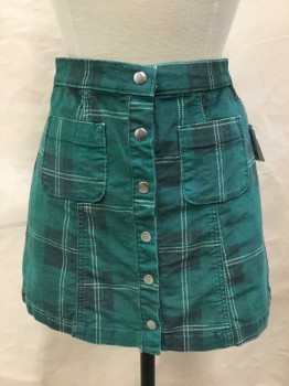 Womens, Skirt, Mini, Urban Outfitters, Emerald Green, Charcoal Gray, Cream, Cotton, Spandex, Plaid, Small, Pile Texture (like Velvet) Snap Front, 2 Patch Pockets, Hem Above Knee