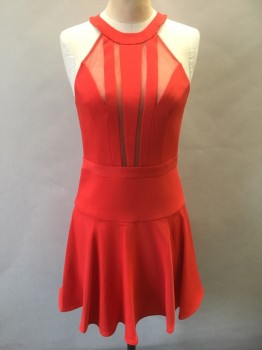 BCBG MAX AZRIA, Red, Polyester, Solid, Sleeveless, Round Neck Halter, Sheer Red Mesh Panels at Bust, Dropped Waist, Hem Above Knee