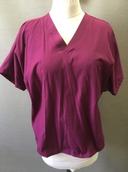 CHEROKEE, Red Burgundy, Polyester, Cotton, Short Sleeves, V-neck, 1 Pocket,