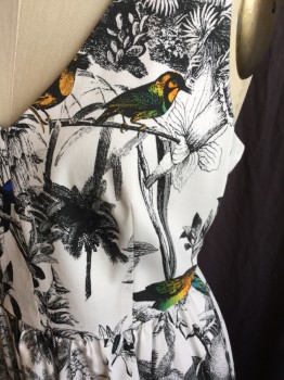 MILLY, White, Black, Green, Yellow, Teal Blue, Cotton, Elastane, Tropical , Animal Print, Tropical with Yellow/teal Green & Blue Birds Print, Solid White Lining, Big Scoop V-neck, 1.5" Straps with Cut-out Razor Back-like, Gathered Skirt, Zip Back,