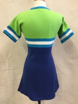 Womens, Dress, Short Sleeve, DELIAS, Lime Green, Turquoise Blue, White, Royal Blue, Acrylic, Color Blocking, S, Sweater Dress, Crew Neck, Body Contour, Mini, Retro 90's Inspired