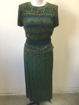 SHERRI MARTIN, Teal Blue, Teal Green, Olive Green, Blue, Green, Rayon, Abstract , Funky Artsy Pattern, Short Sleeves, Round Neck, with Light Brown Wood and Navy Beaded Hanging Strands at Neck, Shoulder Pads, Self Ties at Waist, Maxi Length