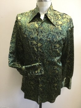 Mens, Club Shirt, N/L, Green, Olive Green, Black, Silk, Abstract , L, Button Front, Pointed Collar Attached, Long Sleeves, Extended Cuffs ***shoulder Rip