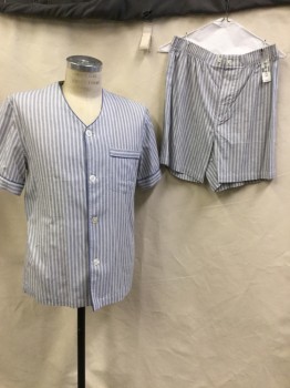 Mens, Sleepwear PJ Top, PROTOCOL, White, Navy Blue, Lt Blue, Yellow, Slate Blue, Cotton, Stripes - Vertical , S, White with Navy/light Blue/yellow Vertical Stripes with Slate Blue Piping Trim, V-neck, Button Front, Short Sleeves, 1 Pocket with Matching Shorts