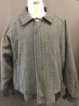 Mens, Casual Jacket, WOOLRICH, Gray, Black, Red, Royal Blue, Green, Wool, Herringbone, Plaid, XXL, Collar Attached, Zip Front, Black Ribbed Knit Waist