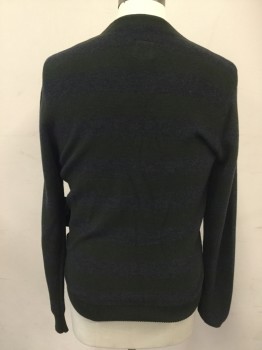 Mens, Cardigan Sweater, RVCA, Dk Gray, Dk Green, Cotton, Acrylic, Stripes - Vertical , M, V-neck, Cardigan, Long Sleeves, Embroidered Crest on Left Chest, 5 Buttons, Ribbed Knit Solid Dark Green Waistband/Cuff