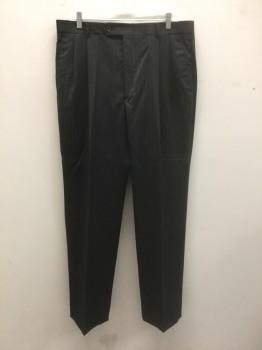 JONES NEW YORK, Charcoal Gray, Gray, Wool, Stripes - Pin, Charcoal with Gray Pinstripes, Double Pleated, Button Tab Waist, Zip Fly, 4 Pockets, Straight Leg