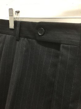 JONES NEW YORK, Charcoal Gray, Gray, Wool, Stripes - Pin, Charcoal with Gray Pinstripes, Double Pleated, Button Tab Waist, Zip Fly, 4 Pockets, Straight Leg