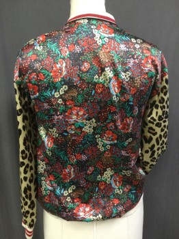 Womens, Casual Jacket, ZARA, Red, Black, Turquoise Blue, Tan Brown, Multi-color, Polyester, Floral, Animal Print, M 36, W 10, Bomber, Feels Like Silk, Body is Busy Floral, Sleeves Leopard, Sparkle Red on Cream Rib Knit Trim Collar/Cuff/Waistband, Piped Seams
