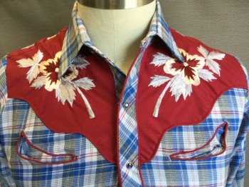 KENNY ROGERS, Royal Blue, Tan Brown, Off White, Dk Red, Gray, Polyester, Cotton, Plaid, Floral, Collar Attached, Dark Red with Maroon/light Peach/gray Large Flower Embroidery Yoke Front & Back, Dark Red Piping Trim on Front Center & Along 2 Pockets Trim, Pearly Navy with Silver Trim Snap Front, Long Sleeves, Curved Hem