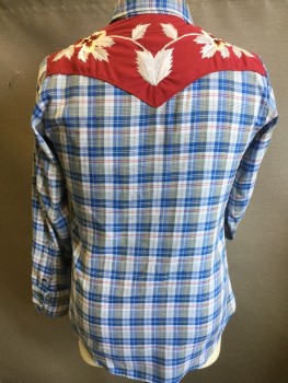 Mens, Western, KENNY ROGERS, Royal Blue, Tan Brown, Off White, Dk Red, Gray, Polyester, Cotton, Plaid, Floral, 16/35, Collar Attached, Dark Red with Maroon/light Peach/gray Large Flower Embroidery Yoke Front & Back, Dark Red Piping Trim on Front Center & Along 2 Pockets Trim, Pearly Navy with Silver Trim Snap Front, Long Sleeves, Curved Hem