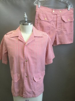 Mens, 1960s Vintage, P1, JOHN WEITZ, Red, White, Polyester, Cotton, Gingham, C42, M, W32, Shirt, Snap Front, 2 Patch Pockets, Short Sleeves, Epaulets, With Shorts