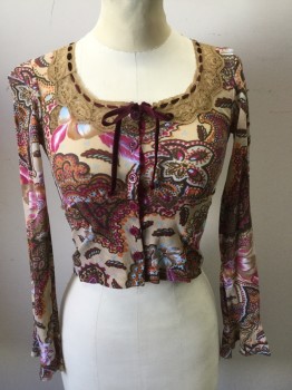 MORGAN, Tan Brown, Brown, Magenta Pink, Lt Blue, Orange, Nylon, Novelty Pattern, Round Neck with Brown Lace and Burgundy Velvet Ribbon, Long Sleeves, with Ruffle, Button Front, Cropped