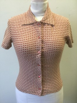 TOUCH ME, Burnt Orange, Off White, Synthetic, Basket Weave, Check , Crepe, Short Sleeve Button Front, Coral and Silver Buttons, Short Waisted, Retro Look,