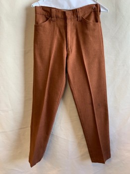 KOTZIN CO, Brown, Synthetic, Solid, Flat Front, Zip Fly, 4 Pockets, Belt Loops, Yoke Back, *Stained Front, Large Stain at Knee*