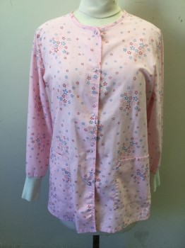 Womens, Scrub Jacket Women, ANGELICA, Pink, Blue-Gray, Magenta Pink, Poly/Cotton, Floral, M, Pink with Pink/Magenta/Blue Florette Pattern, Snap Front, Long Sleeves, White Ribbed Knit Cuff, 2 Pockets