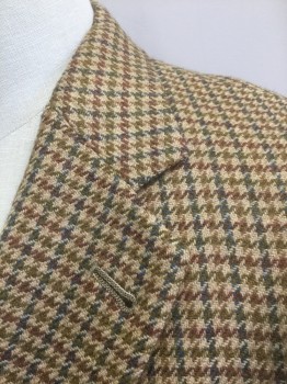Mens, Sportcoat/Blazer, TOMMY HILFIGER, Caramel Brown, Brown, Dk Gray, Ochre Brown-Yellow, Wool, Houndstooth, 44R, Single Breasted, Notched Lapel, 2 Buttons, 3 Pockets, Lining is Off White with Red and Black Pinstripes