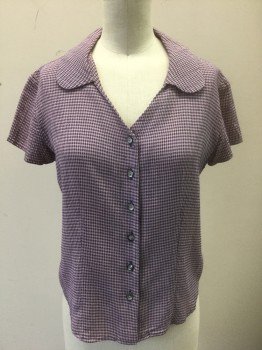 Womens, Blouse, ANN TAYLOR LOFT, Lt Pink, Navy Blue, Acetate, Rayon, Gingham, Check - Micro , B34, 2, Cap Sleeve, Button Front, V-neck, Rounded Collar, Fitted, Late 1990's