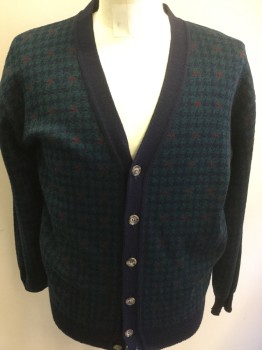 Mens, Cardigan Sweater, TRICOTS ST RAPHAEL, Navy Blue, Green, Red, Wool, Houndstooth, 40, Medium, 6 Buttons, Solid Navy Edge Detail